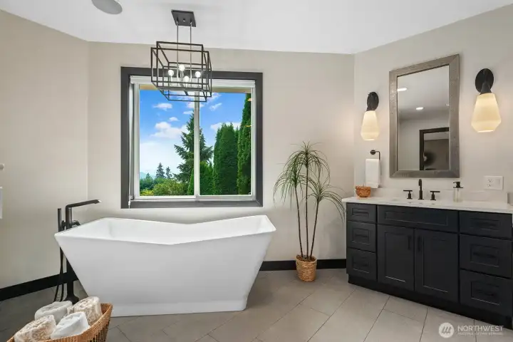 Fabulous free standing soaking tub.