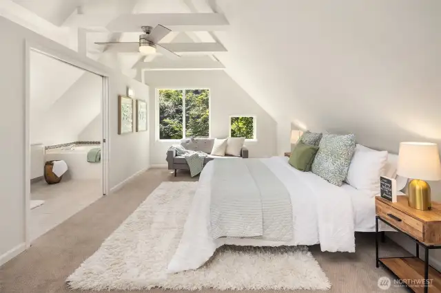 Primary bedroom has lots of architectural interest, vaulted ceilings and light.