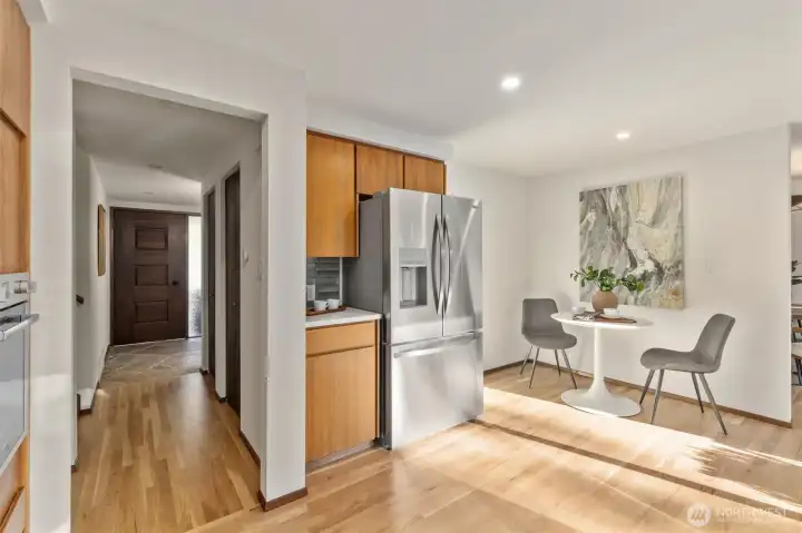 Kitchen has eating space for morning coffee or a casual meal