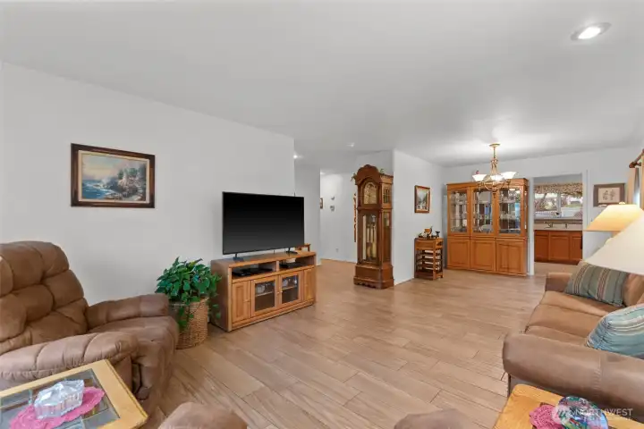 Living room open to dining area