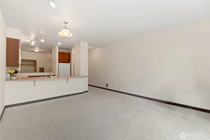 Living area, view toward kitchen