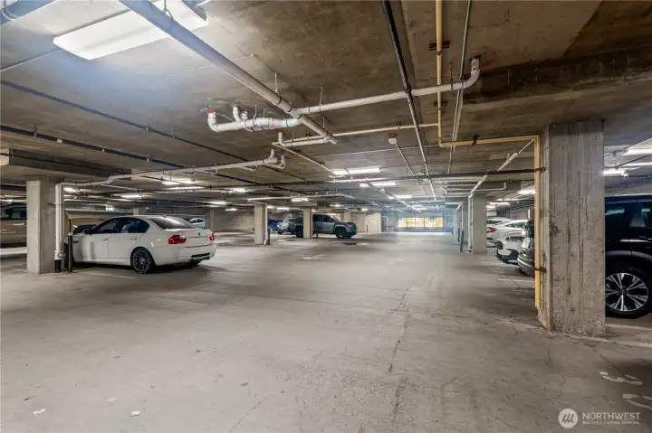 Enclosed parking garage with dedicated space