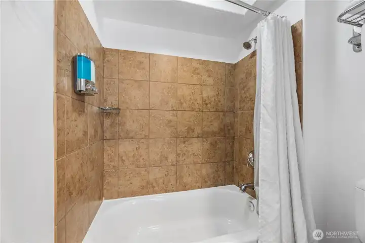 Bathroom features full-size tub and shower.
