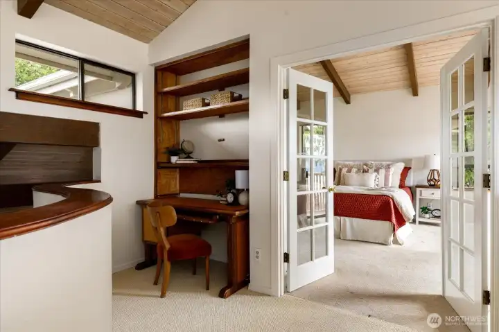 Upper level office nook off primary suite with French doors