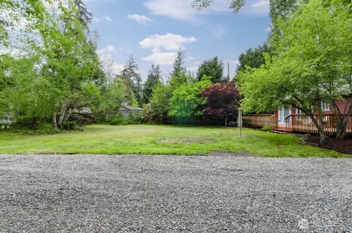 Nice level back yard, complete with fruit trees.