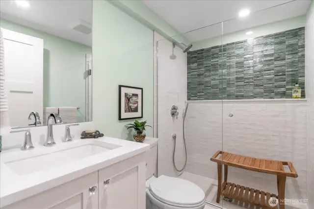 A spa-like feel in this newly remodeled lower level bathroom with luxurious walk-in shower