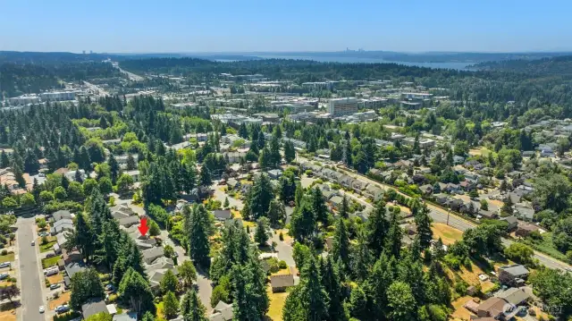 Drone shot showing Proximity to the water, The village at Totem Lake and freeway