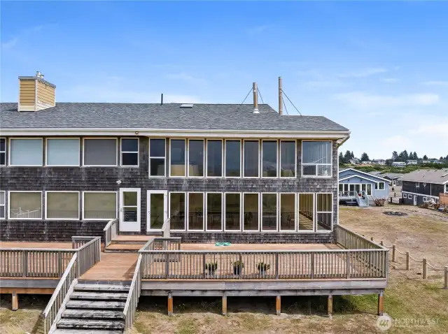 Picture windows and deck facing west