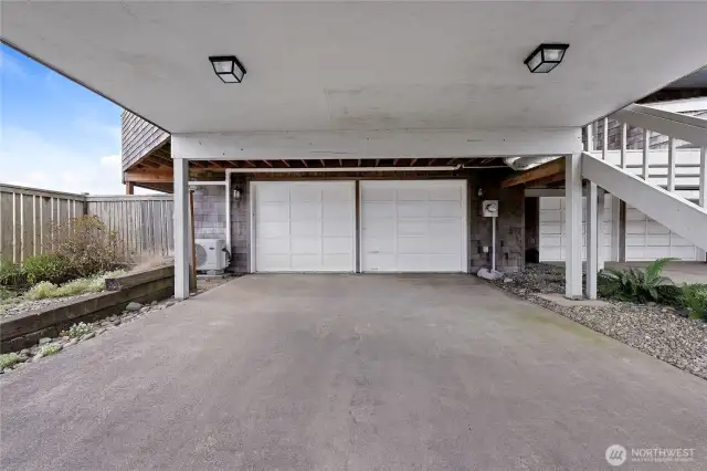 Two car garage-basement entry