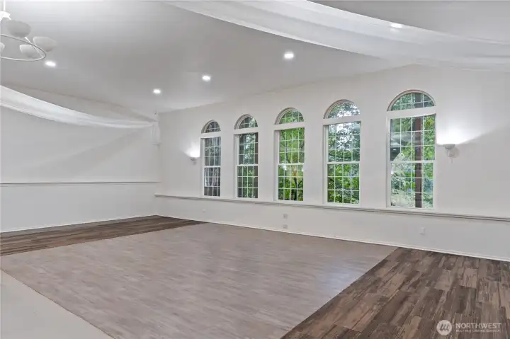 2,000+ SqFt Ballroom in the barn. From main entrance looking in.