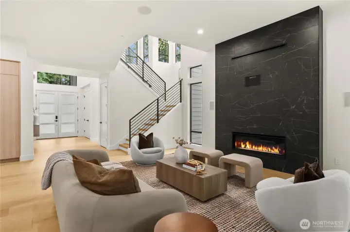 Open-concept great room with 11-foot ceilings