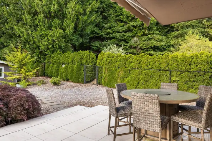 Covered patio offers al fresco dining option year round