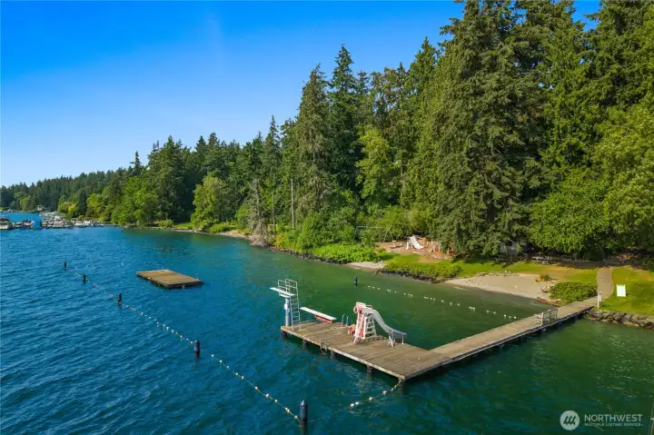 Swim dock with lifeguard patrol in summer Swim dock with lifeguard patrol in summer