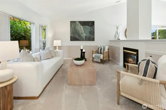 Cool double sided fireplace is the focal point.