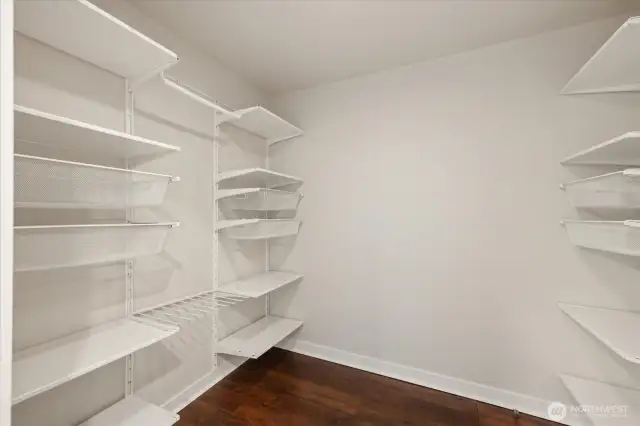 Large walk-in closet with closet system allows for efficient storage opportunities.