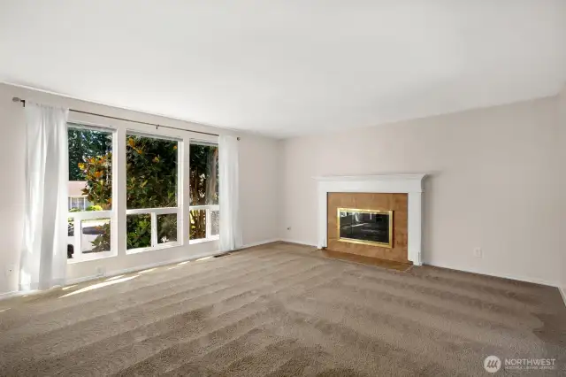 Bright living room with gas fireplace