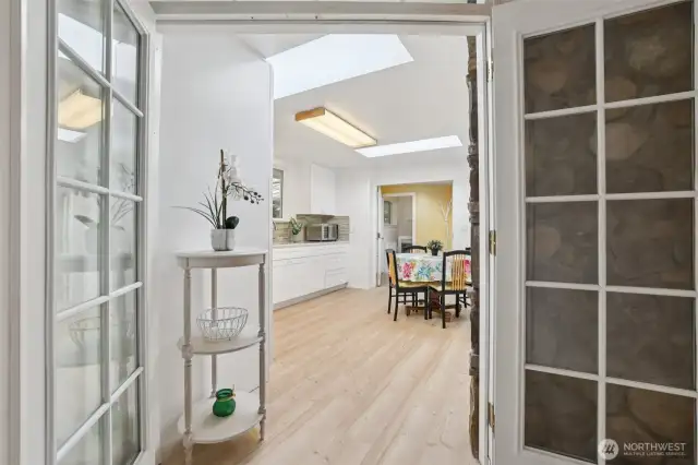 french doors to bright kitchen