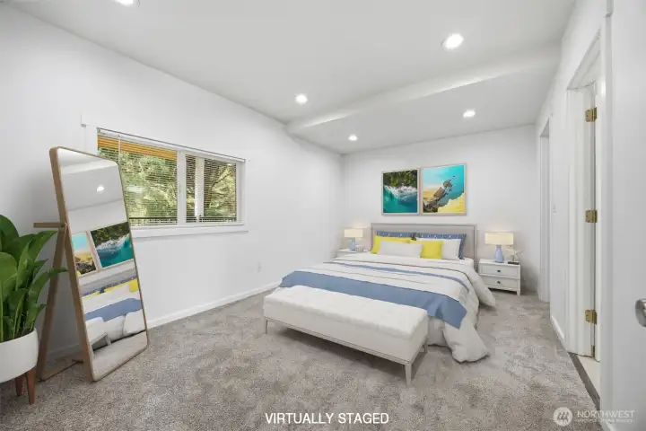 Virtually Staged Primary Bedroom, could fit a King under the window.