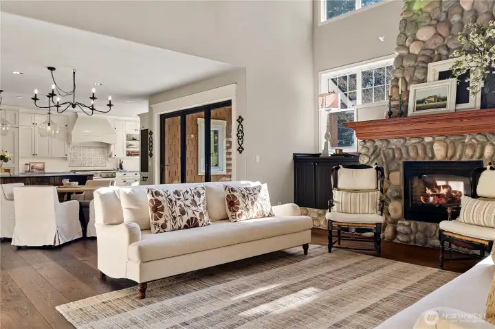 Grand stone gas fireplace for cozy winters.