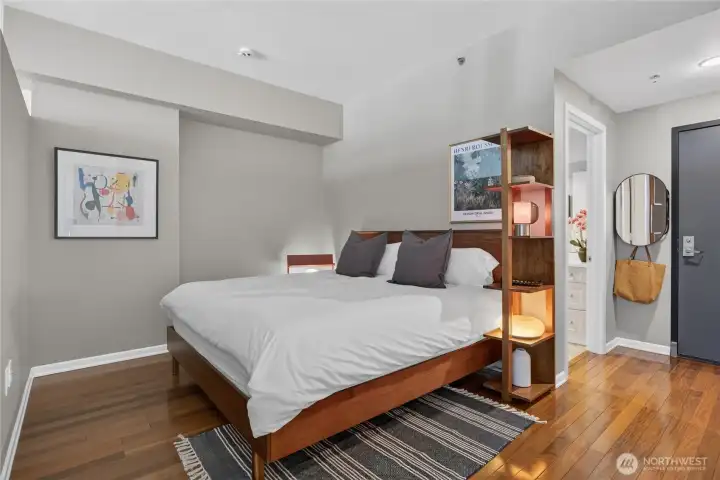 The bedroom makes you feel like you're in a loft-like space.