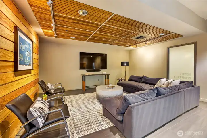 2nd floor Community Room with sofas, a tv and kitchen.