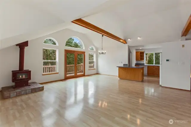 Family room with access to deck overlooking the farm.