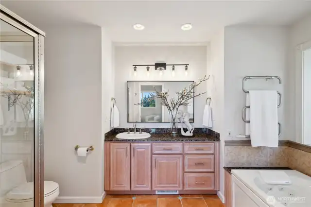 Primary bathroom, jetted tub, heated towel rack, and under floor heating.  There's a Bay window above the tub with Courtyard and fountain views.