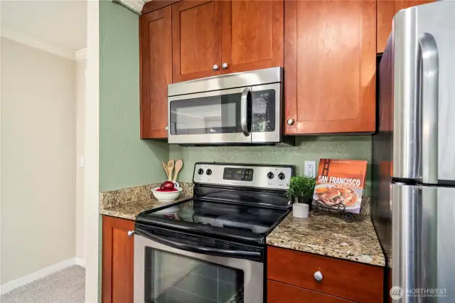 Microwave, oven, fridge, and dishwasher are all stainless steel!