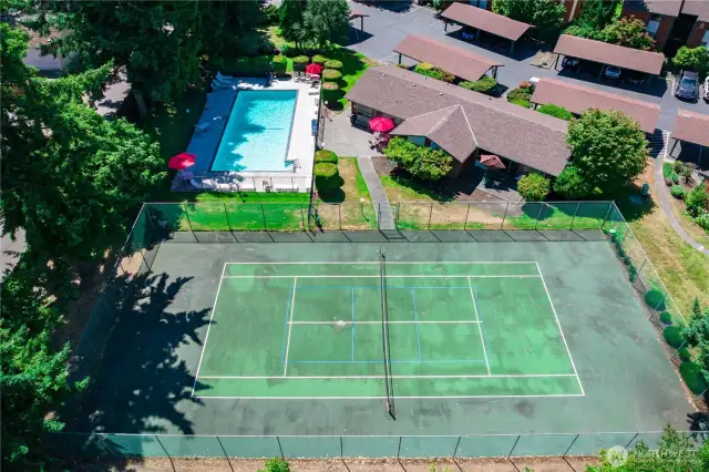 Stay active with the sport court for tennis or pickleball, plus a fenced dog park.