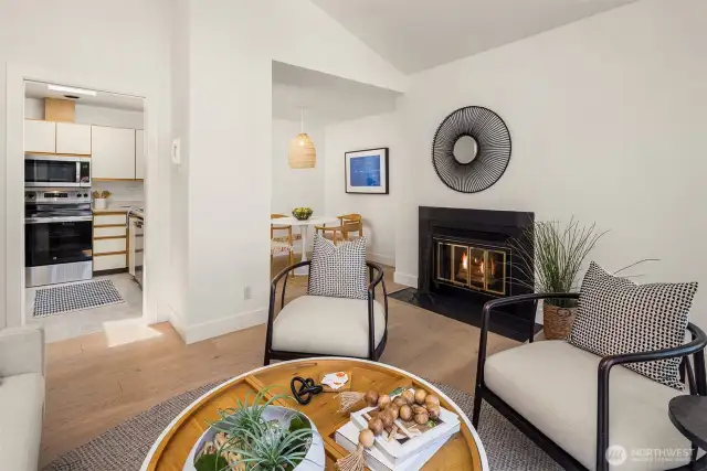 Cozy wood-burning fireplace, plus a bonus nook to the right (not pictured).