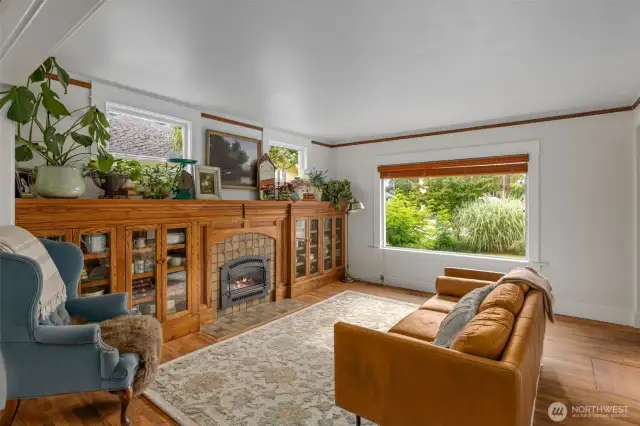 Natural light floods into living area with custom built in