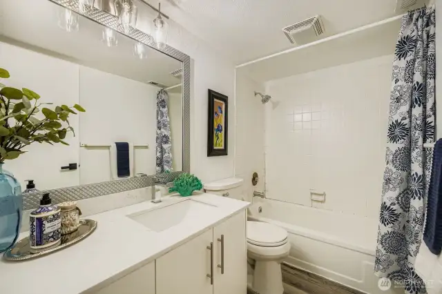 Beautifully updated bathroom featuring modern finishes, quartz surfaces, and a large soaking tub with shower combo for ultimate relaxation