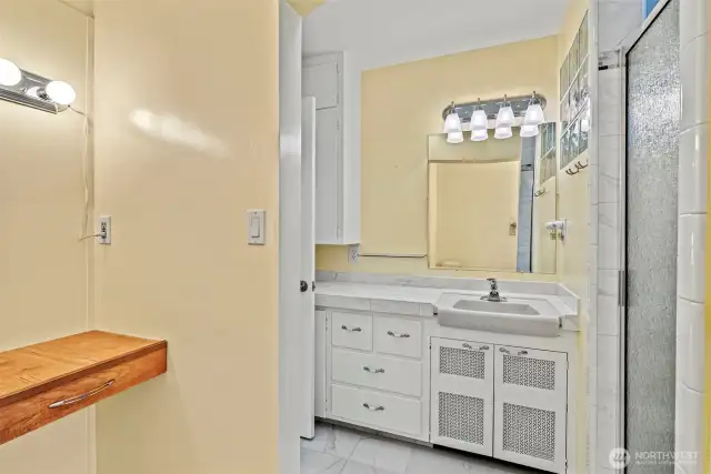 Upstairs bath has shower and separate vanity area