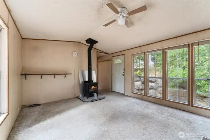 Living room with woodstove.