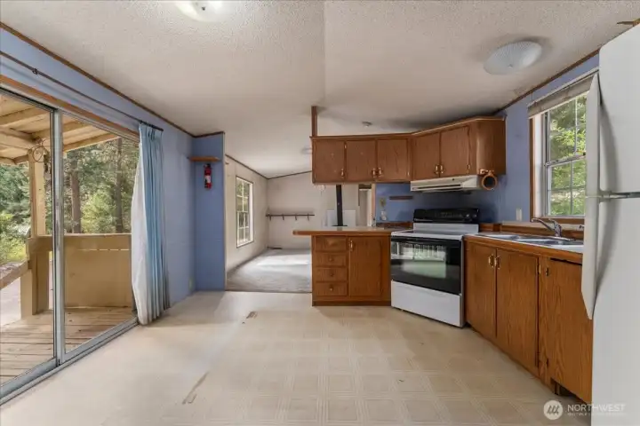 Large sliding glass doors right off of the kitchen.