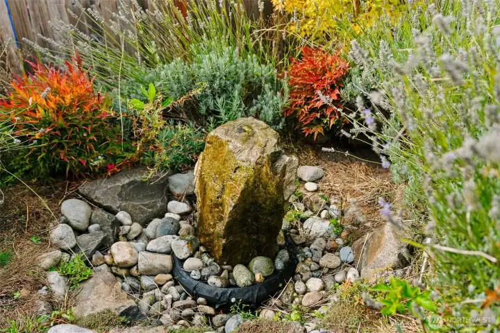 Beautiful fountain creates adds a special touch to the back yard and can be controlled with a remote.