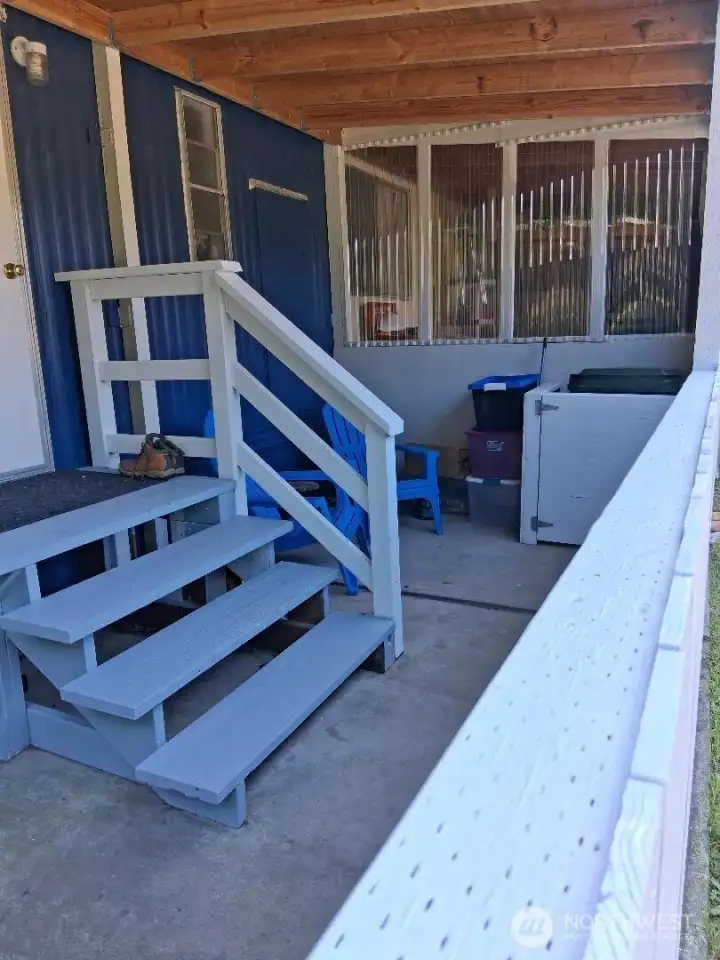 back patio with built on shed
