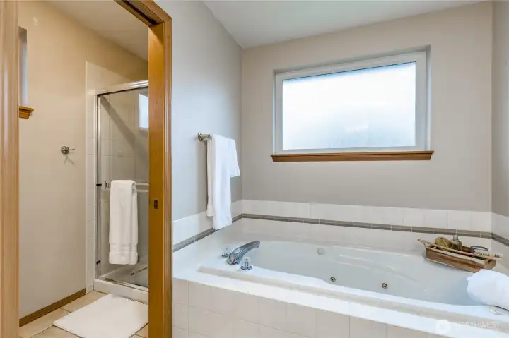 Jetted tub and a separate toilet/shower room