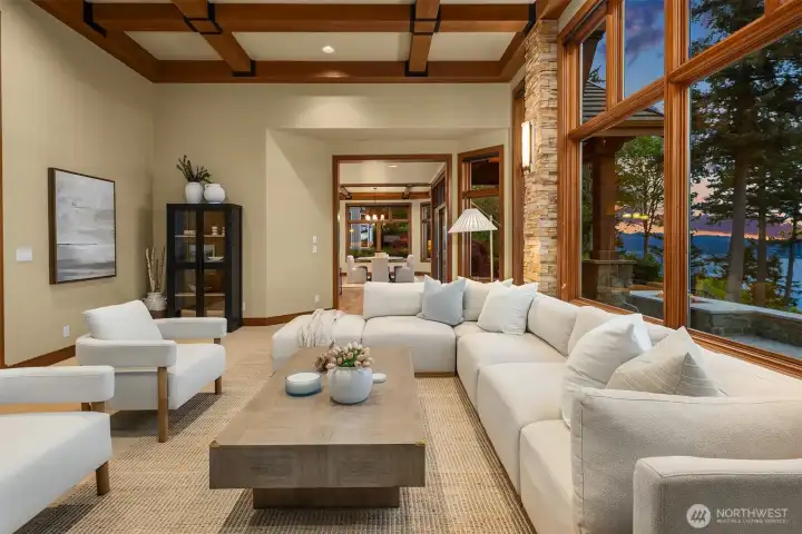 Great Room with Custom coffered ceilings.