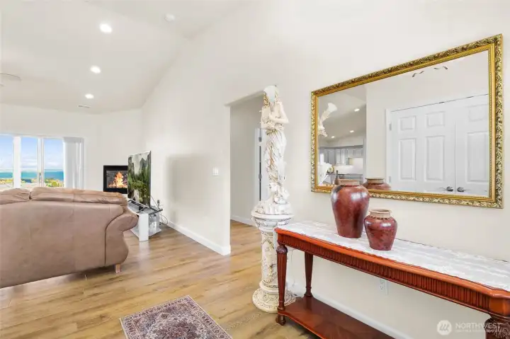 A welcoming entry that introduces the home’s light-filled, thoughtfully designed interior.