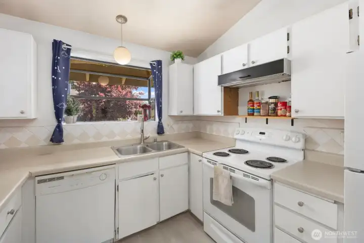 Functional kitchen layout with wraparound counters, overhead lighting, and views overlooking the community greenery.
