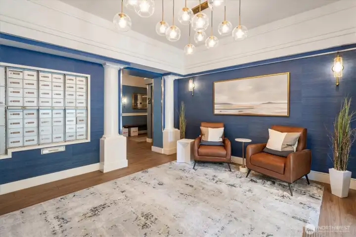 Welcoming lobby with mailboxes.