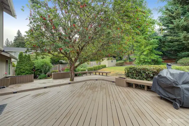 The entertainment patio features built-in seating and flower containers.  A beautiful tree adds shade on warm summer days