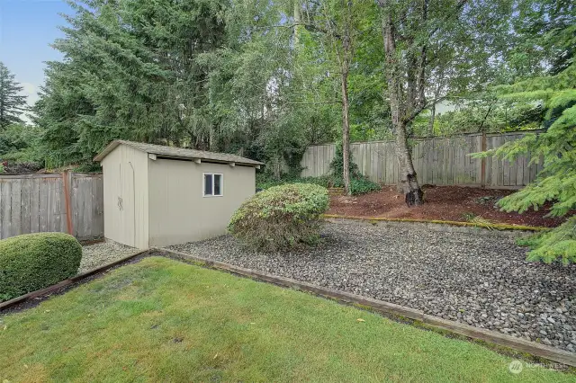 A garden shed offers a place for toys and tools.