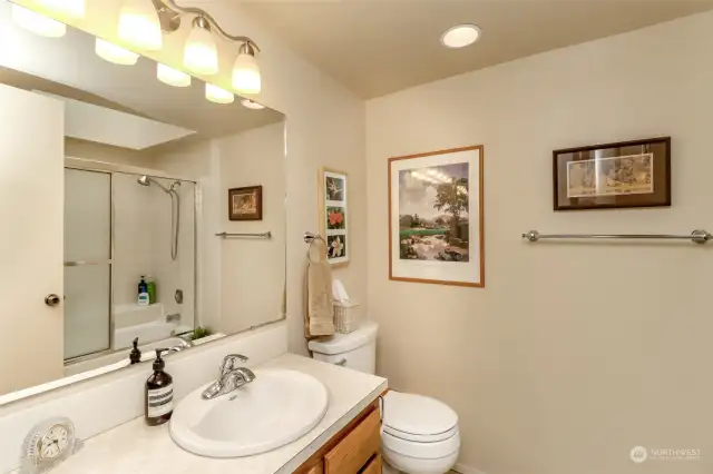 The main bath was recently remodeled with new cabinet and countertop.