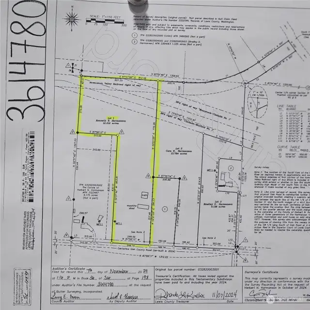 Newly divided Survey Map Shows Lot 1 boundary