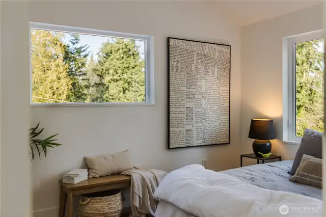 Calming bedroom with tons of windows overlooking tall Evergreens.