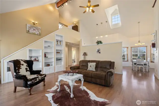 The exposed ceiling timber adds character to the open floor plan.