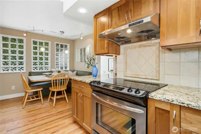 Vaulted ceilings with skylight and glass block windows bring in lots of natural light.