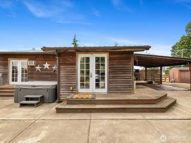 Back French Door Entries, Hot Tub, Wood Deck, Large Concrete Patio